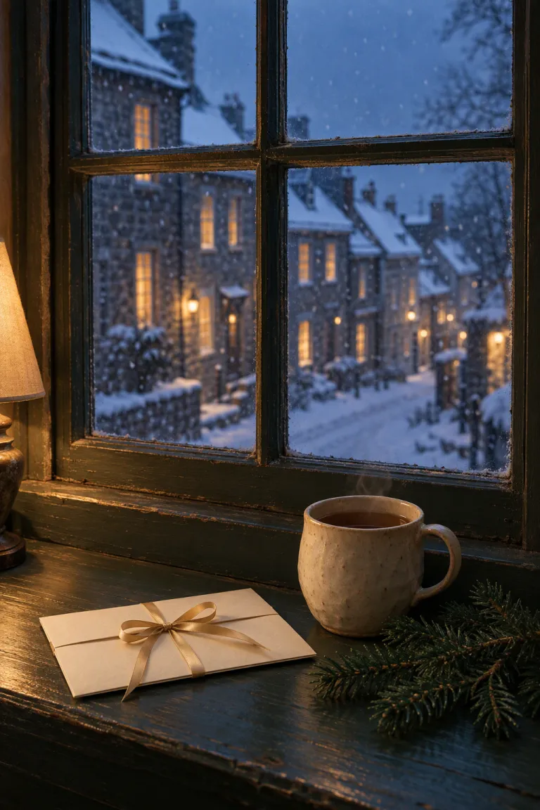An envelope tied with a ribbon on a windowsill, on a winter evening