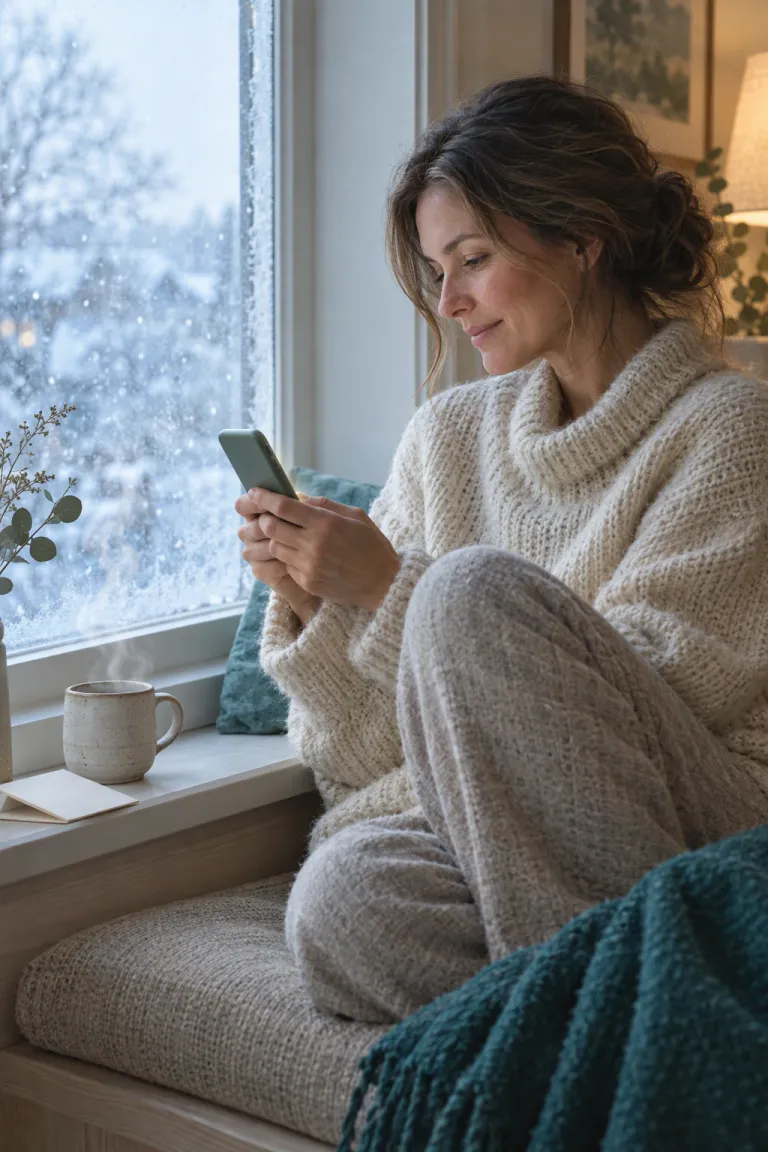 A woman reads her phone by a snowy window in the morning