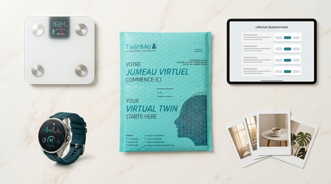 A human silhouette with six data sources radiating out from a central blood drop — blood kit, questionnaire, smartwatch, camera, medical records, voice
