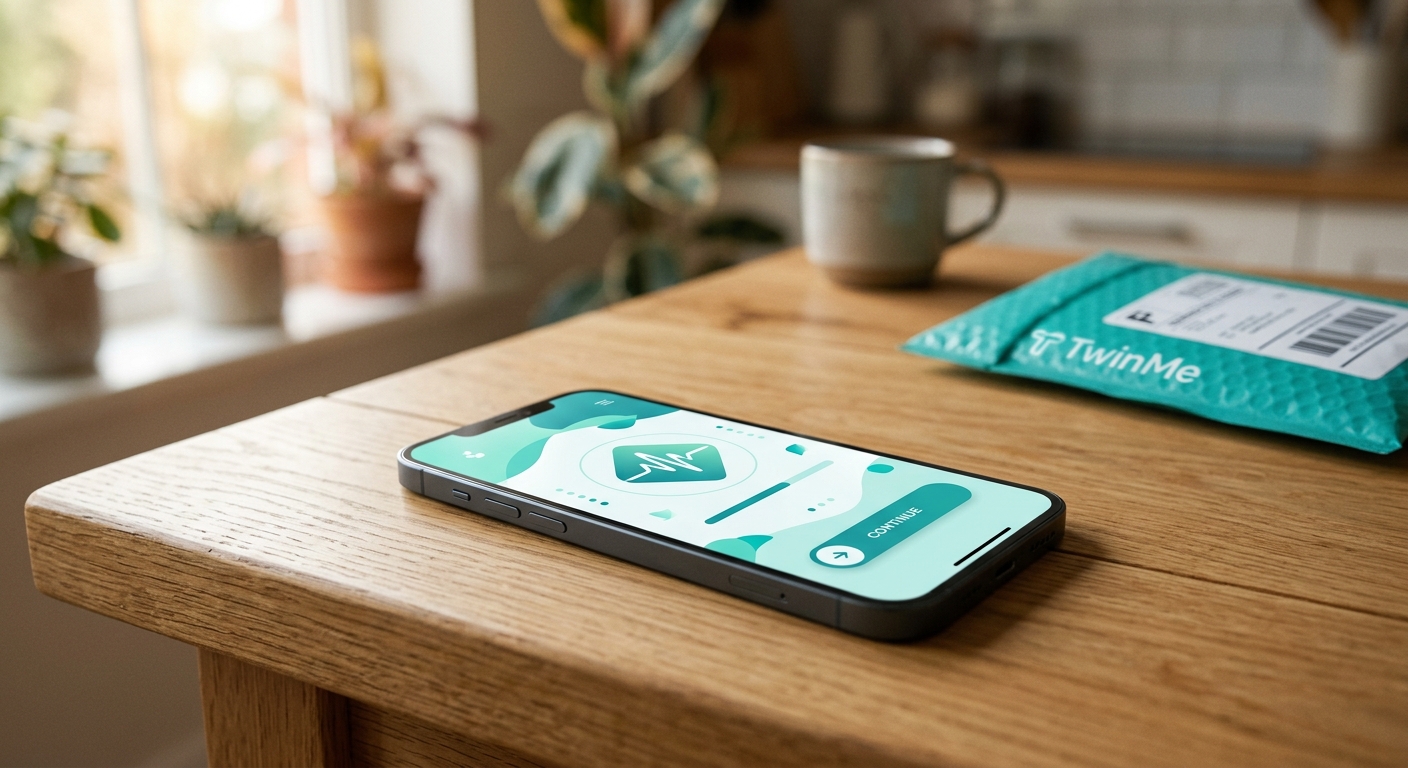 A smartphone on a kitchen table displaying a modern health app onboarding screen in warm morning light