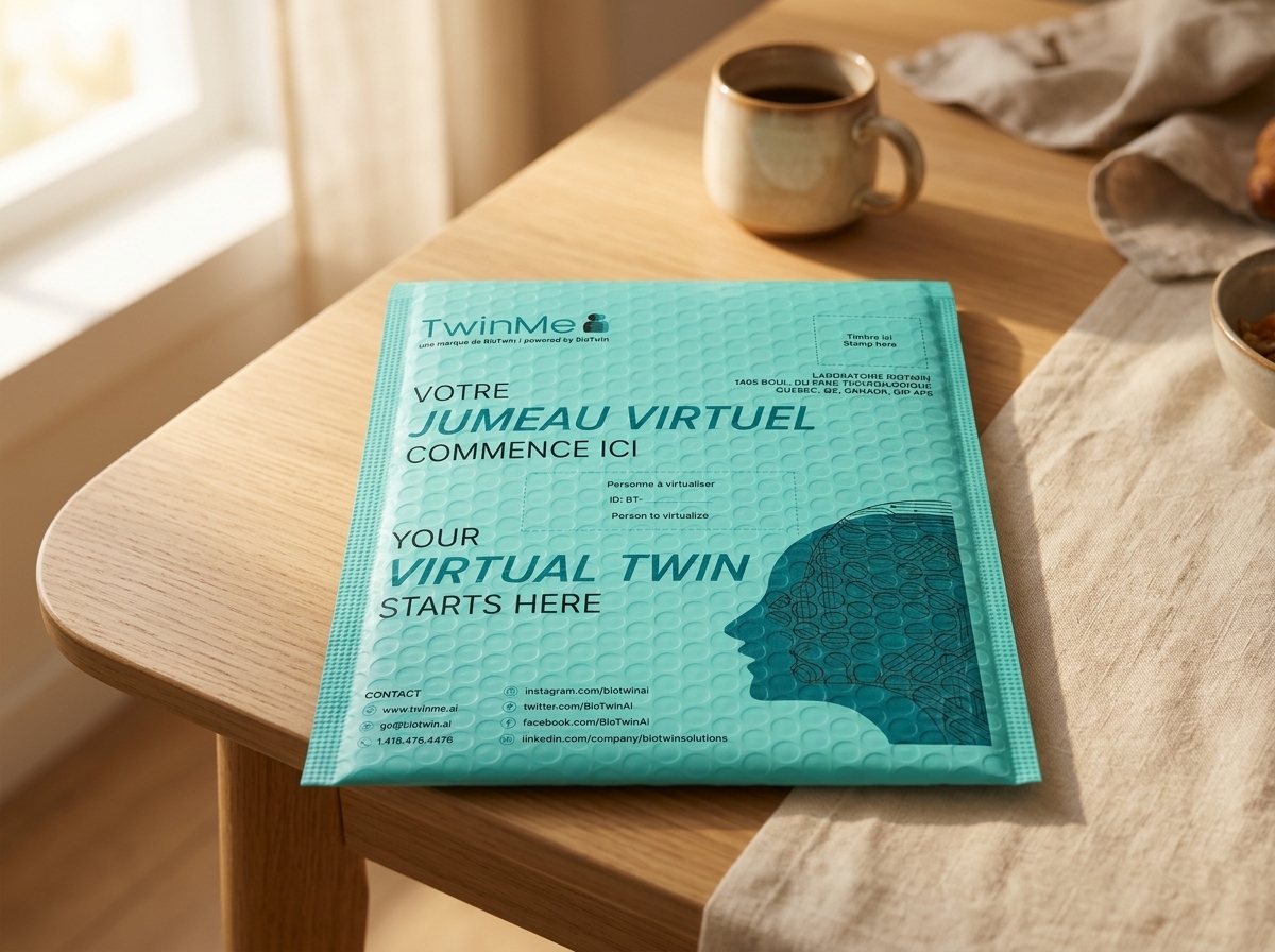 The TwinMe teal bubble mailer on a kitchen table in warm morning light