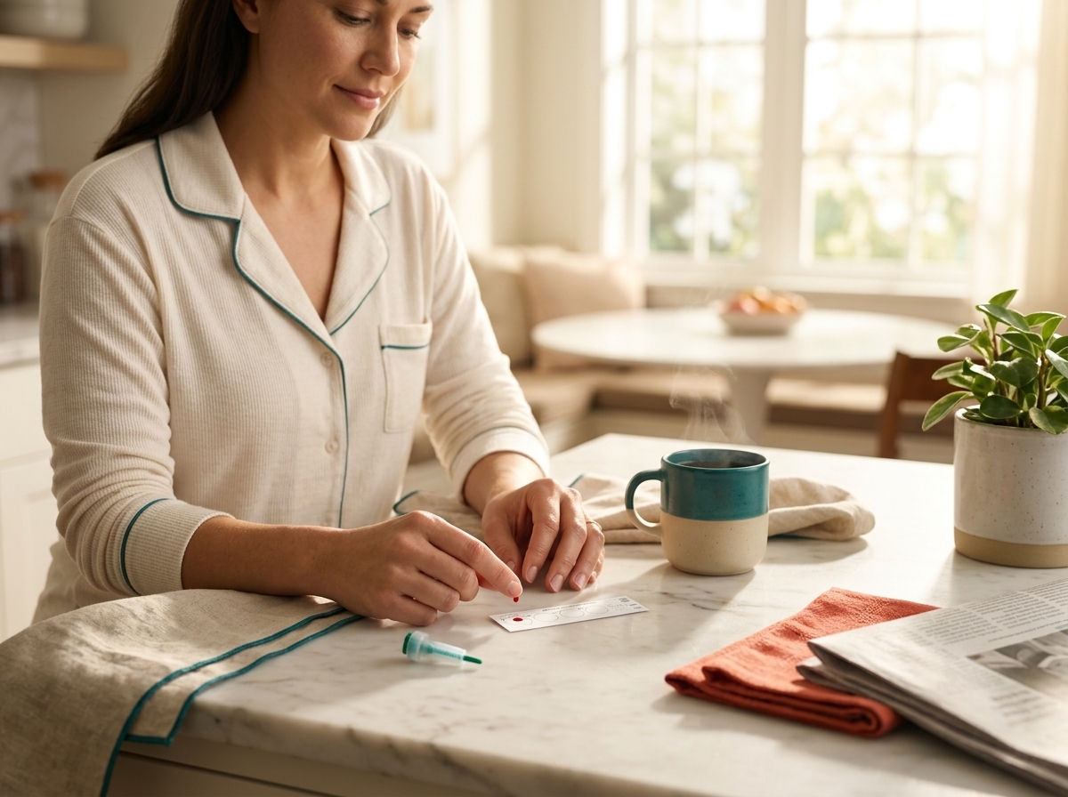 A woman collecting a drop of blood at home, morning light, breakfast nook in the background