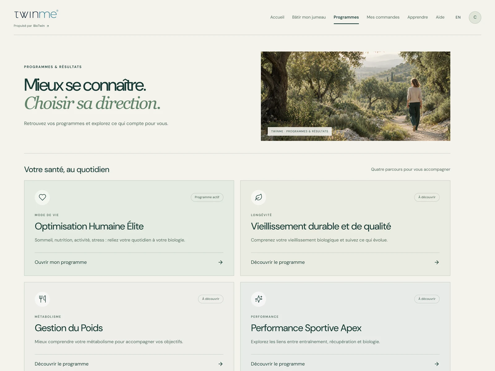 Page Programmes du portail TwinMe, avec des données fictives