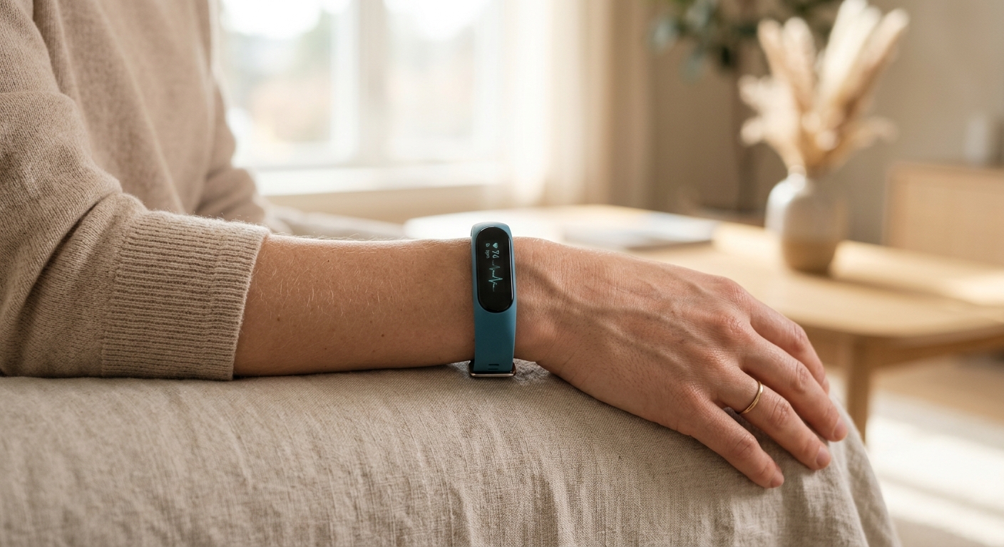 Woman wearing BioTwin Health Bracelet in home interior