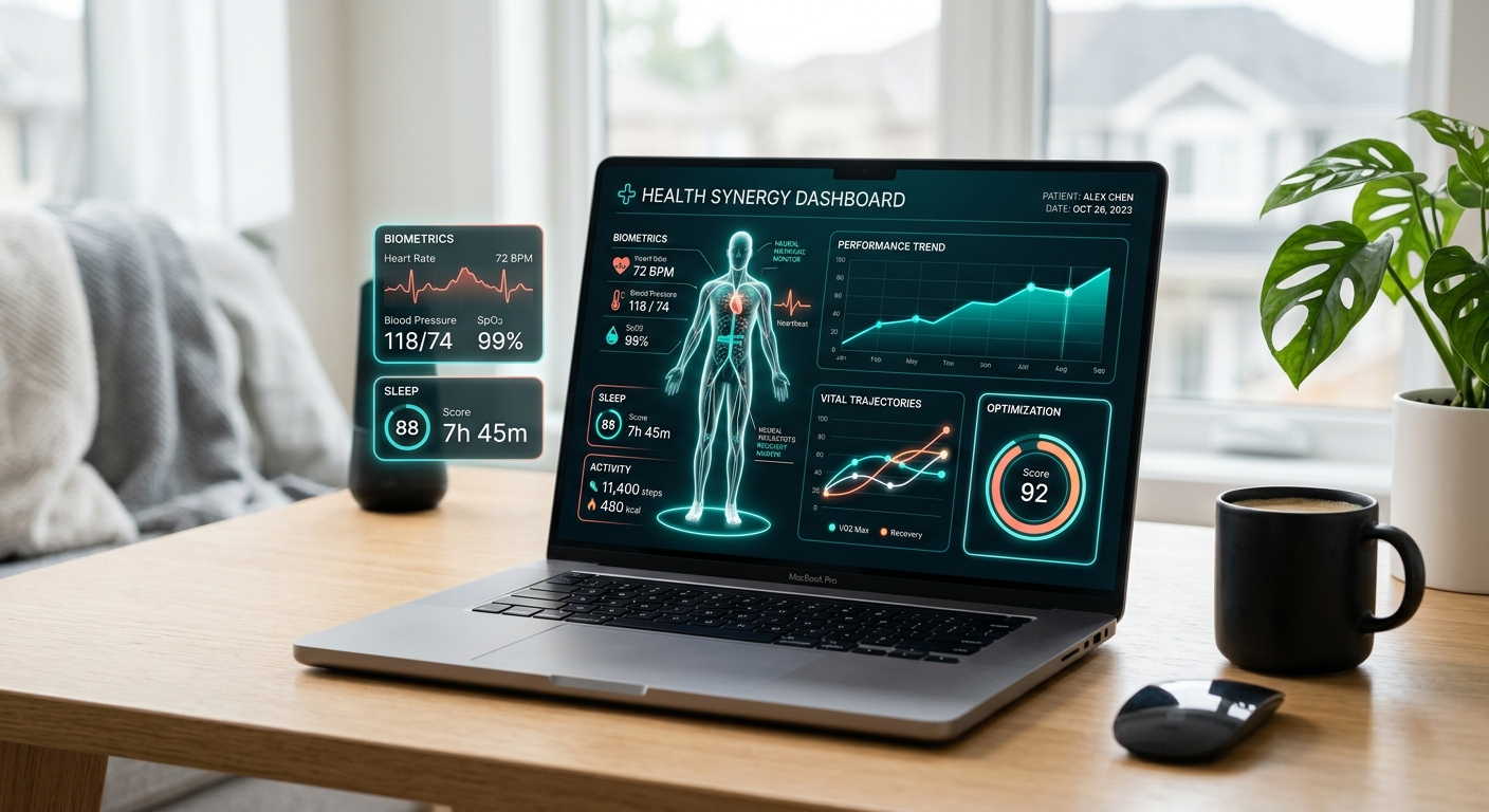 A modern laptop displaying advanced health trajectories and a 3D biological twin outline