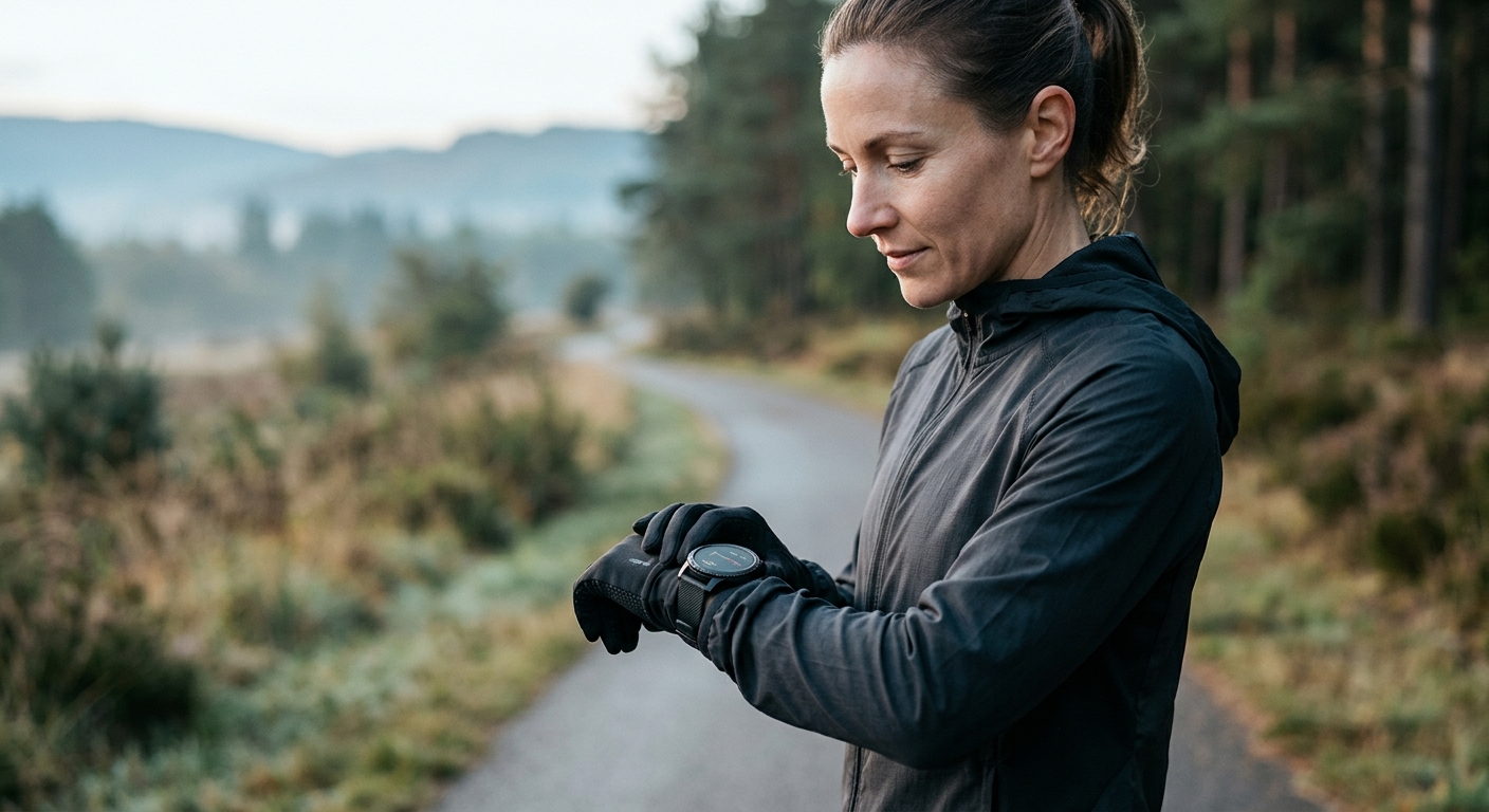 Athlete checking BioTwin Watch outdoors