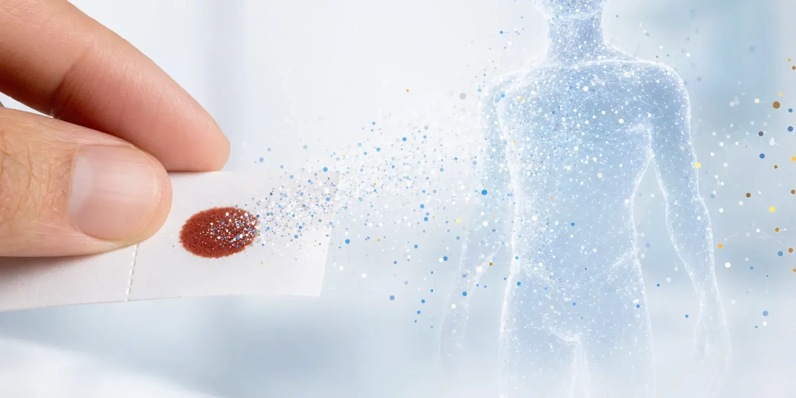 A dried blood spot on a card turning into particles and a virtual silhouette