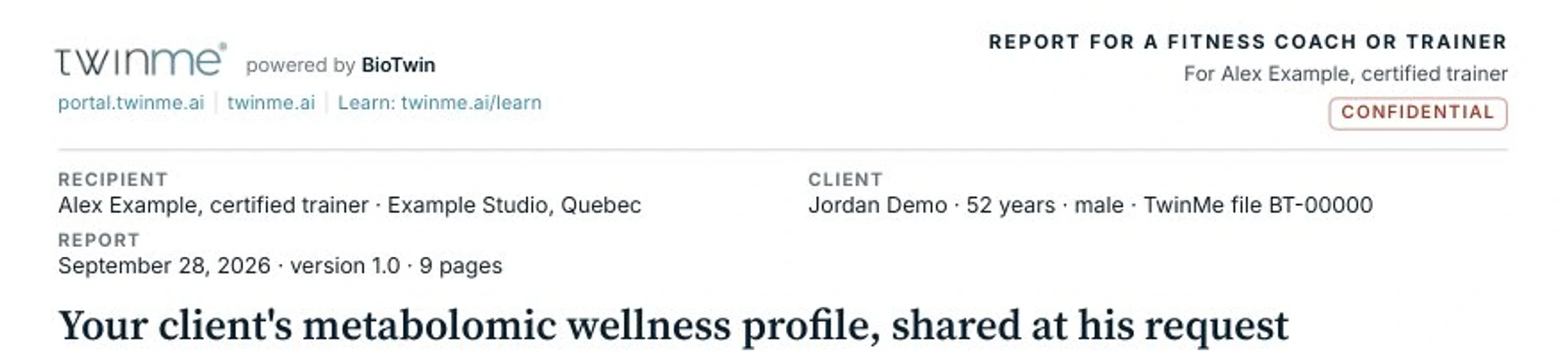Header of a fictional TwinMe report addressed to a fitness coach