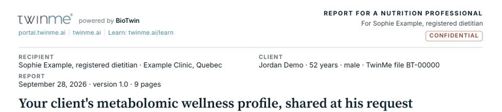 Header of a fictional TwinMe report addressed to a dietitian