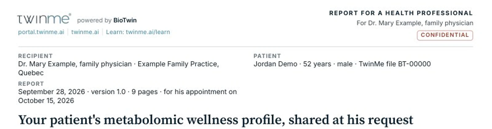 Header of a fictional TwinMe report addressed to a family physician