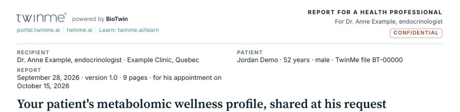 Header of a fictional TwinMe report addressed to a medical specialist