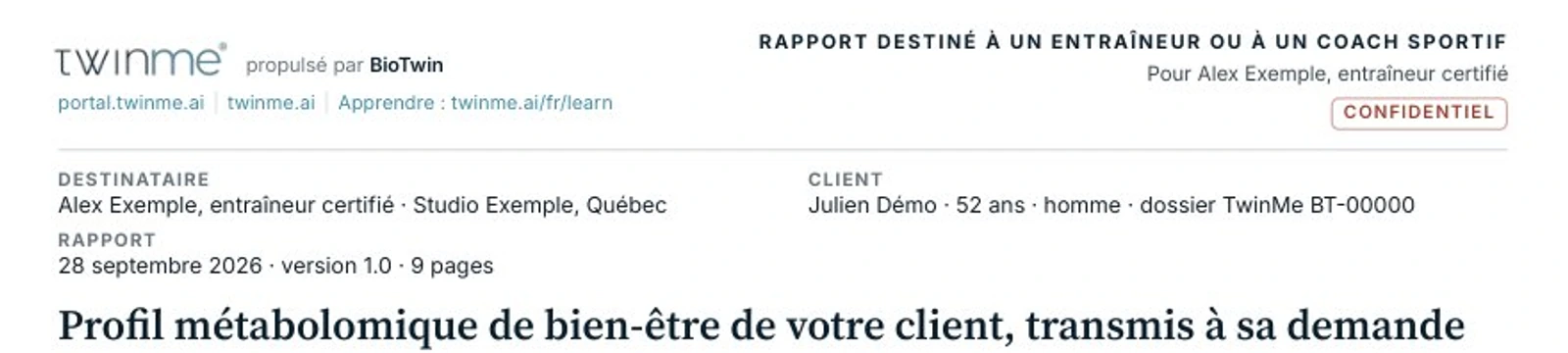 En-tête d'un exemple fictif de rapport TwinMe destiné à un entraîneur