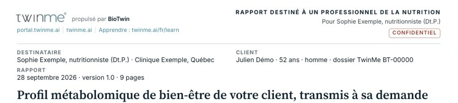En-tête d'un exemple fictif de rapport TwinMe destiné à un nutritionniste