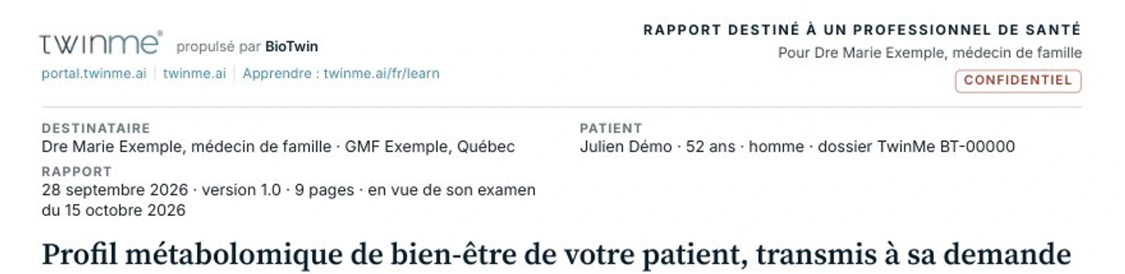 En-tête d'un exemple fictif de rapport TwinMe destiné à un médecin de famille