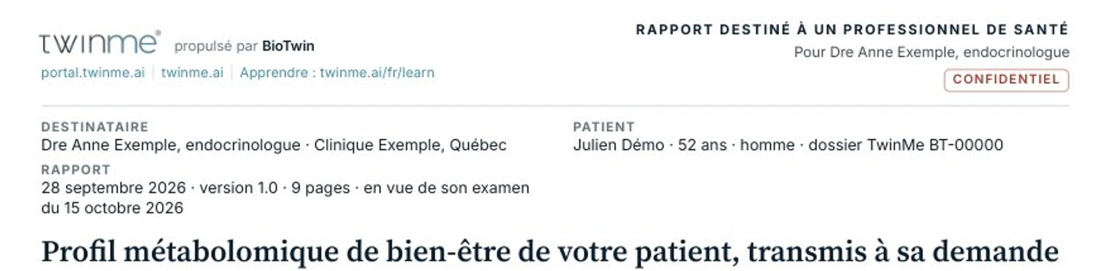En-tête d'un exemple fictif de rapport TwinMe destiné à un médecin spécialiste