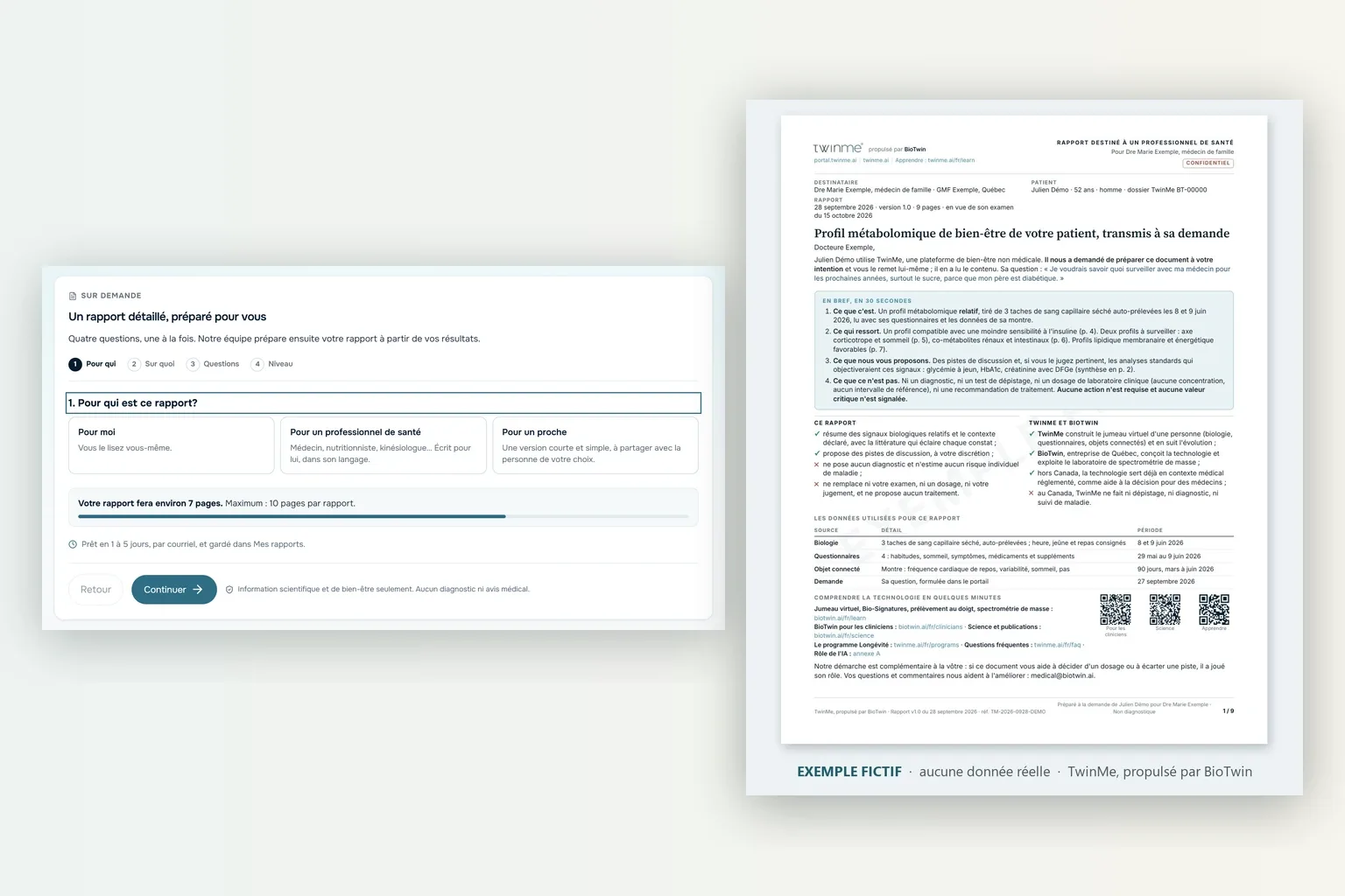 Demande de rapport dans le portail TwinMe, à côté de la page 1 d’un exemple de rapport fictif