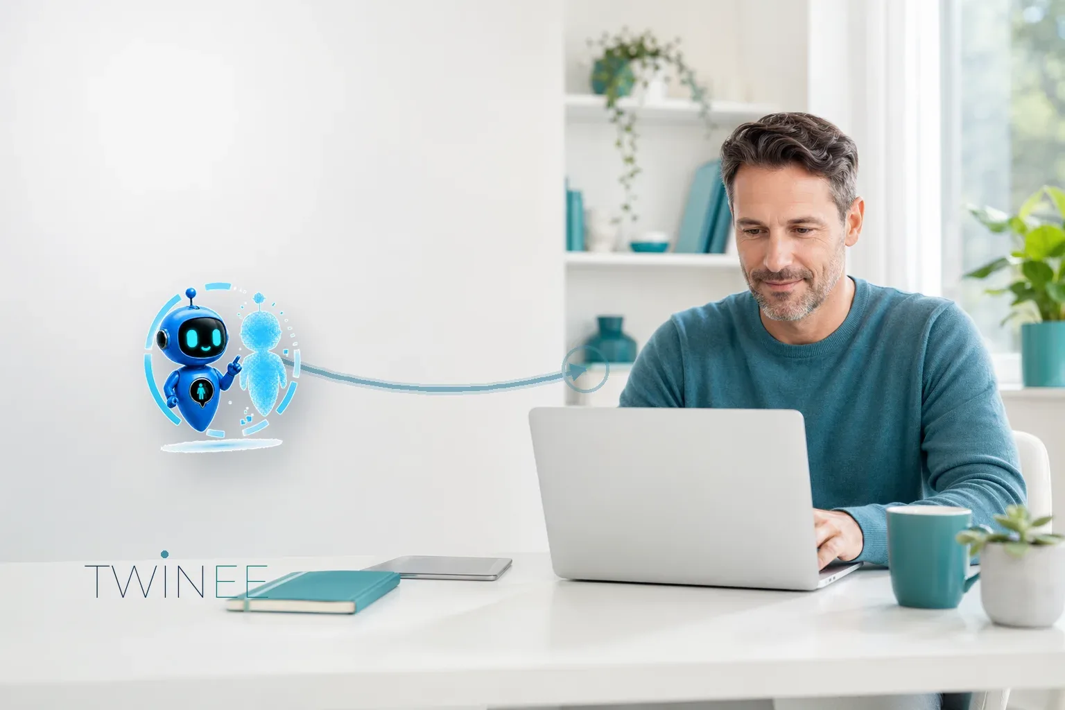 رجل يعمل على حاسوبه المحمول في منزله، مع رسم لـ Twinee، مساعد TwinMe، بجانبه