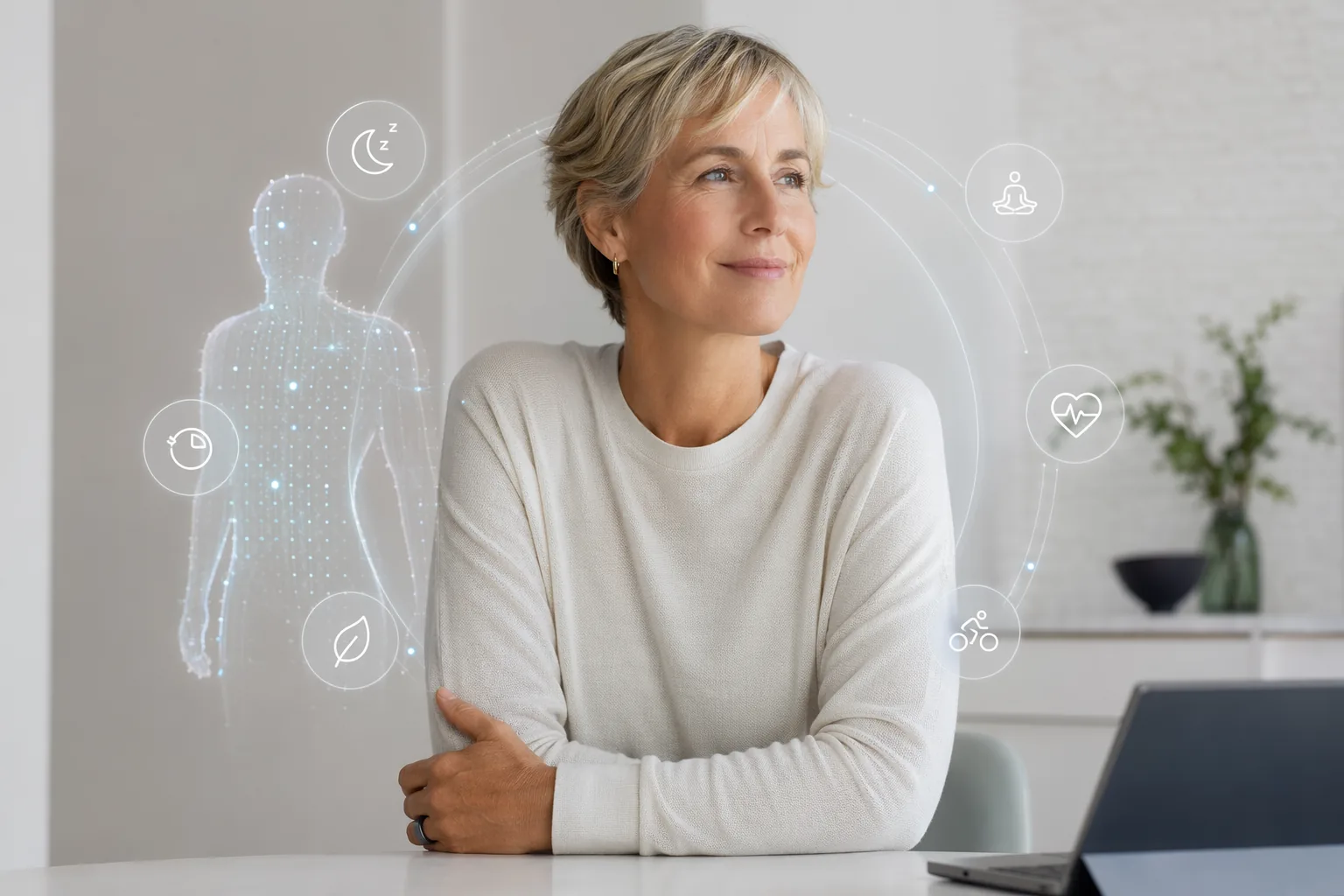 Femme active accompagnée de son jumeau virtuel